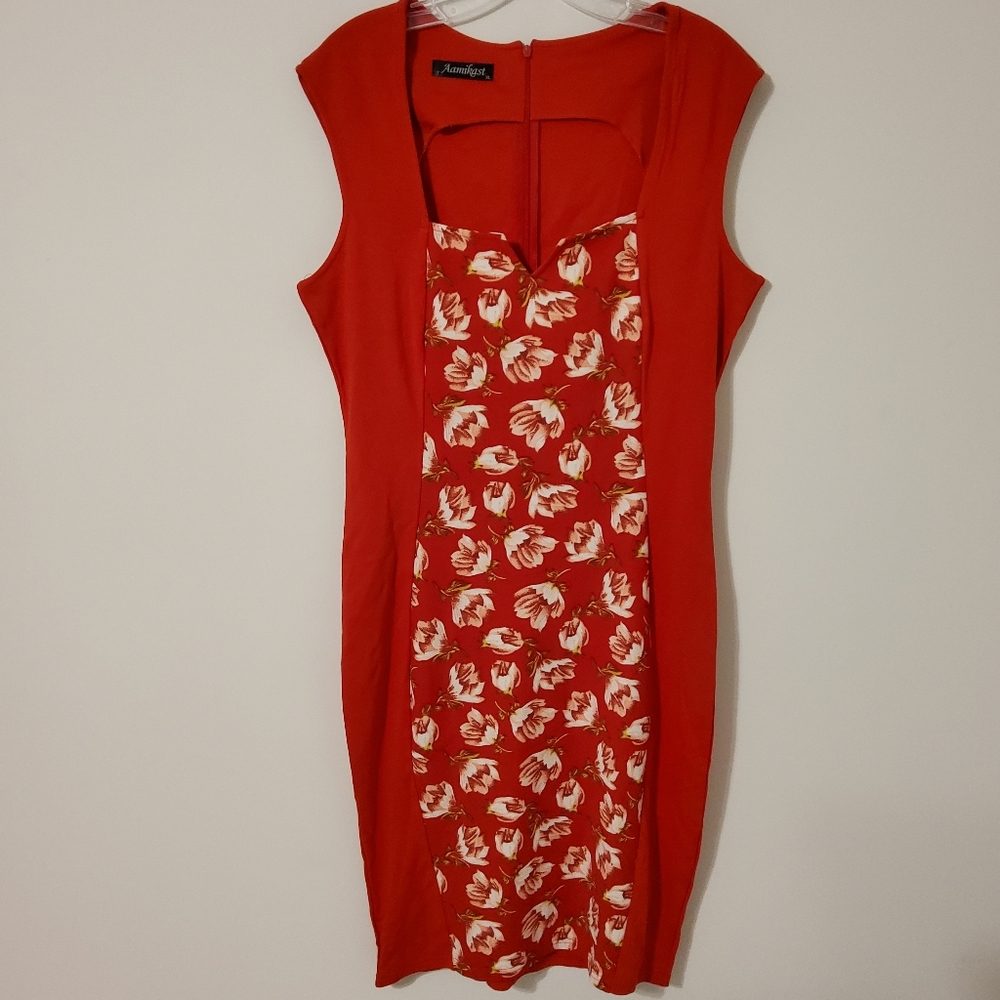 Aamikast Stretch Red W/ Floral Print Cap Sleeve Sheat Dress Notched Neck Size XL